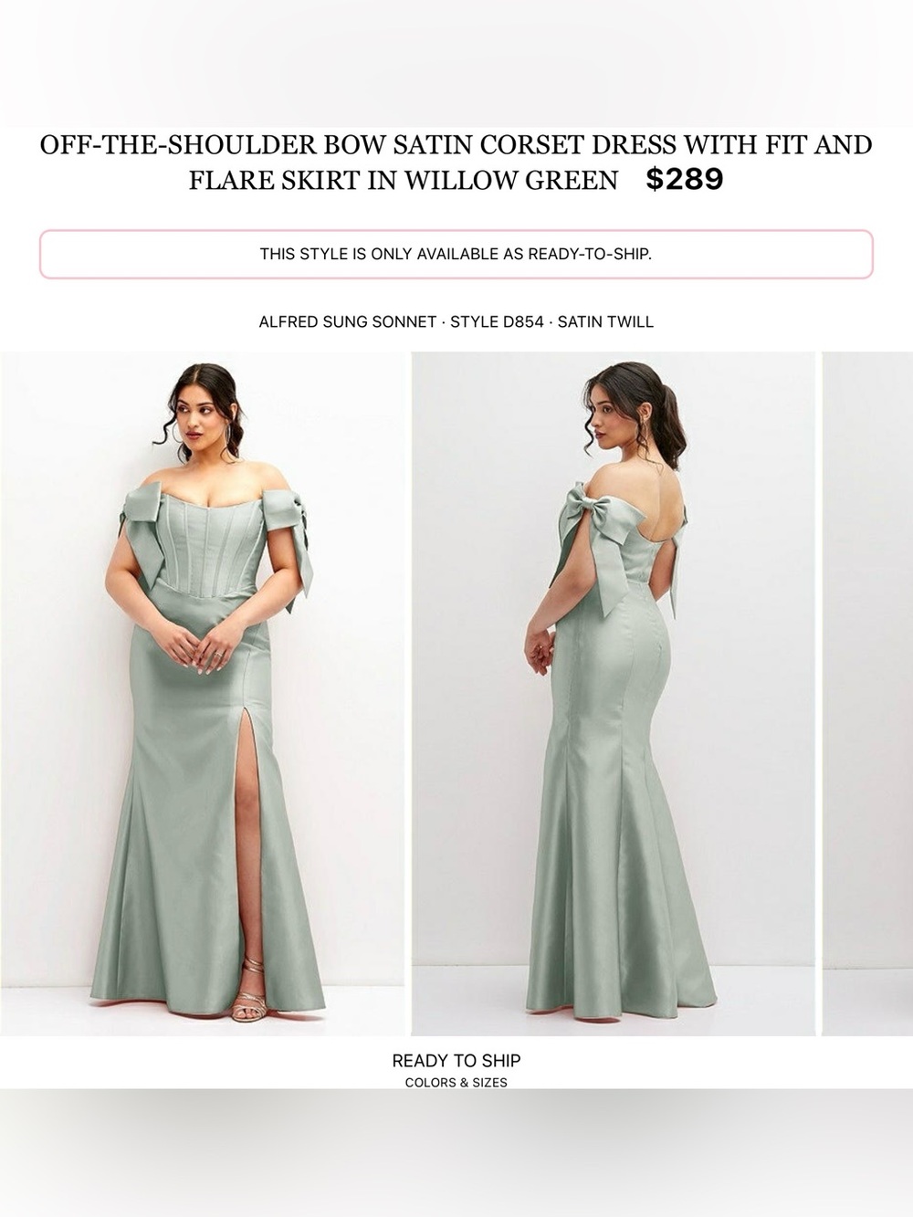 ALFRED SUNG Willow Green One-Shoulder Satin Corset Gown with Bow